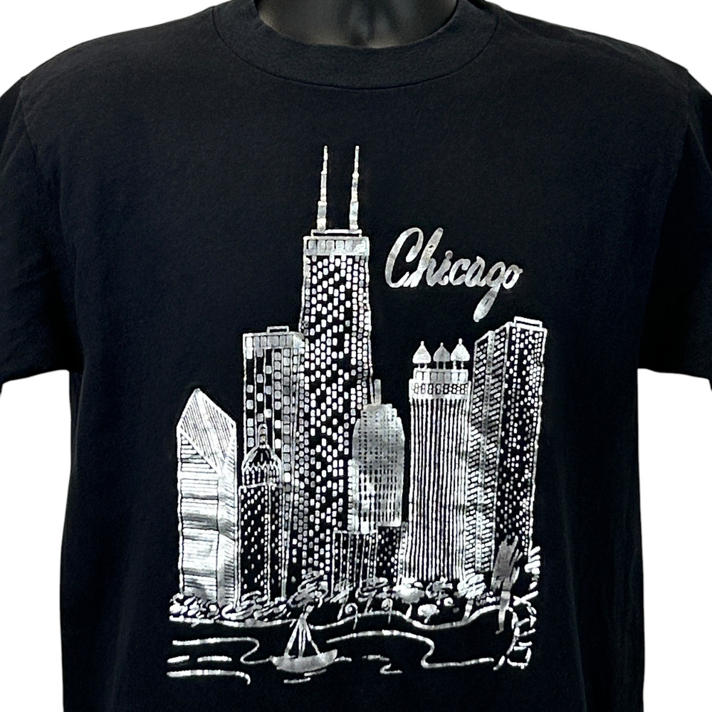Vintage 90s Chicago Illinois T Shirt Travel Tourist Tourism Black USA M Medium